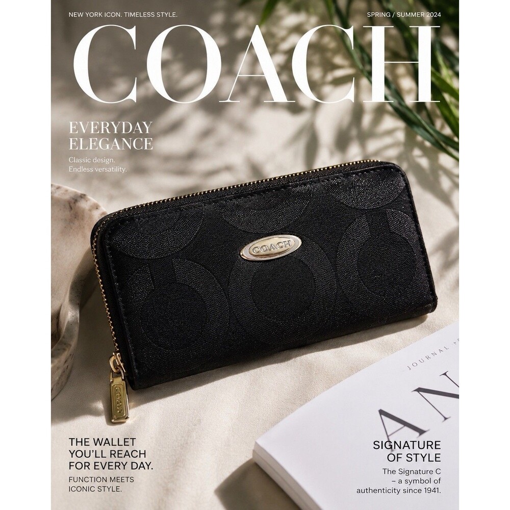 Coach Signature C Jacquard Zip Around Wallet Black Gold Long Continental 7"x4"